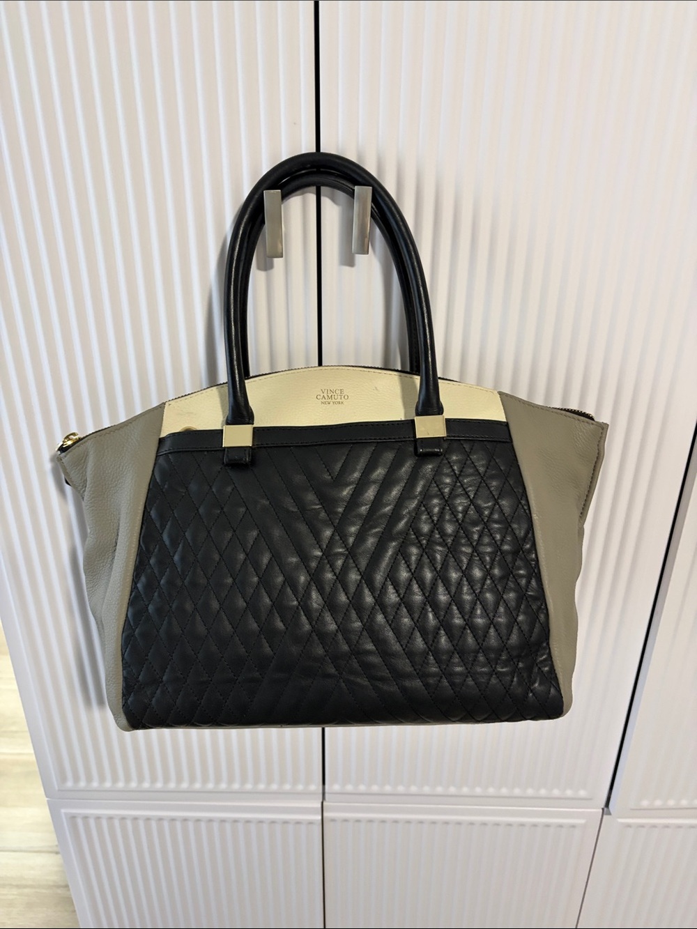 Vince Camuto Black, Taupe & Cream Quilted Leather Tote